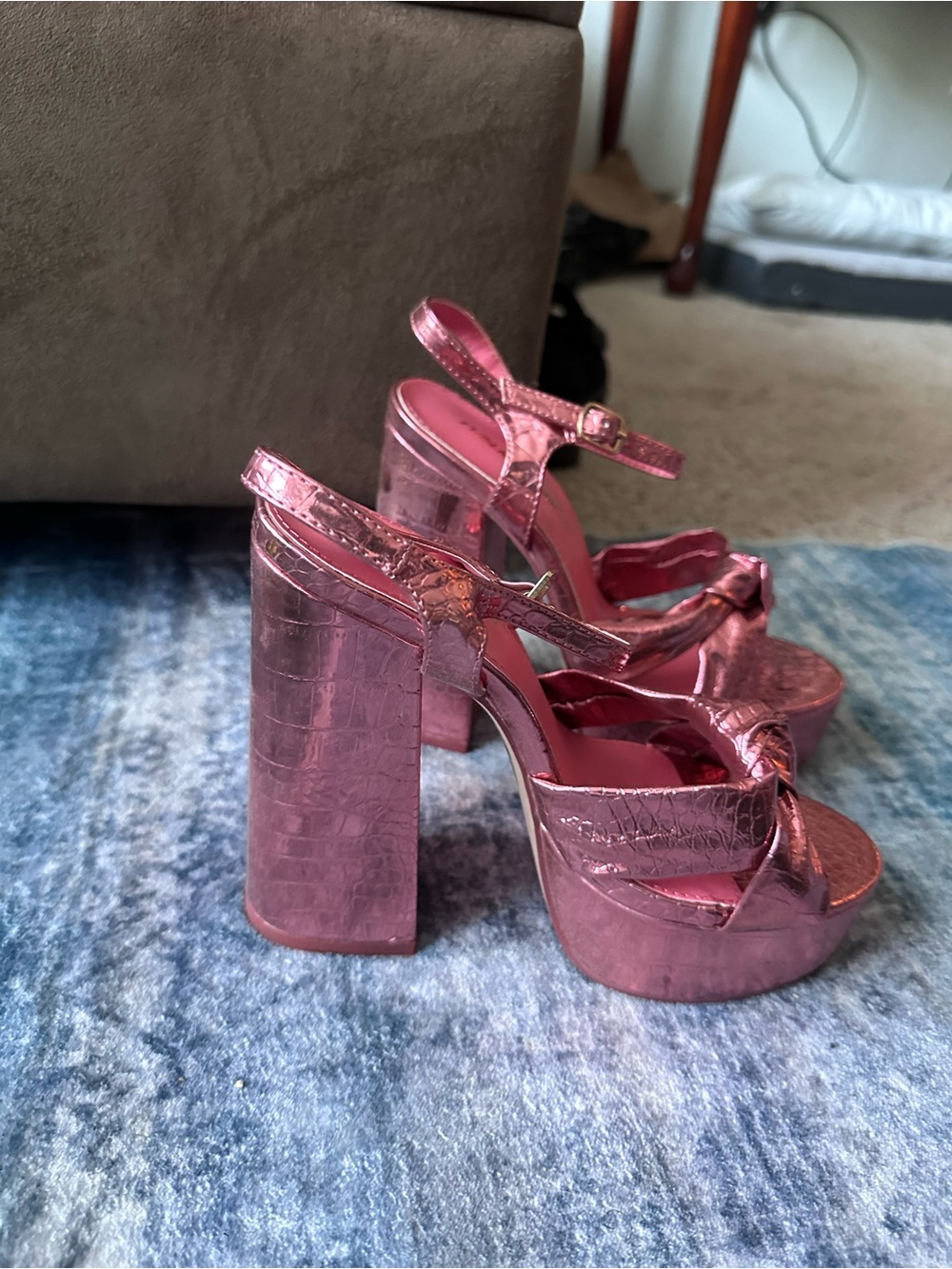 Metallic Pink Platform Block Heel Sandals - Womens